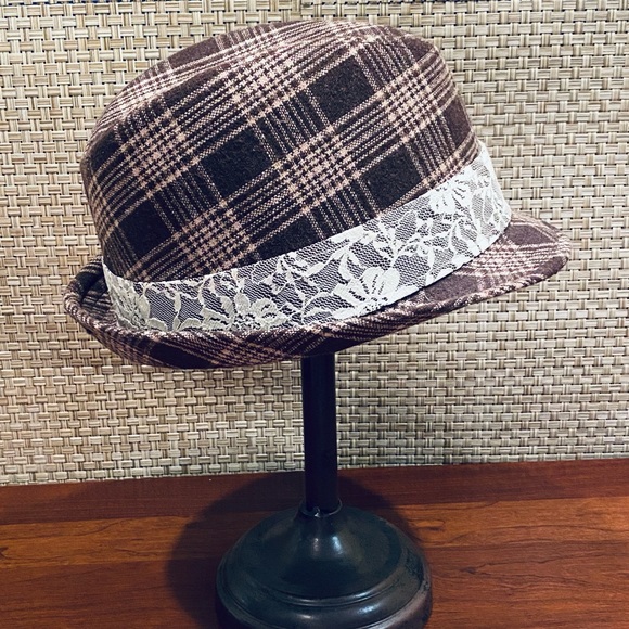 ?2xHP?NWOT Brown Plaid Wool & Lace Fedora Hat main image 8